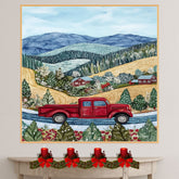 Red Vintage Truck on Snowy Road Through Hillside Cabins – Winter Folk Art Mountain Landscape on Ready to Hang 1.5" Thick Canvas Wrap, Floating Framed Canvas, Flat Rolled Canvas